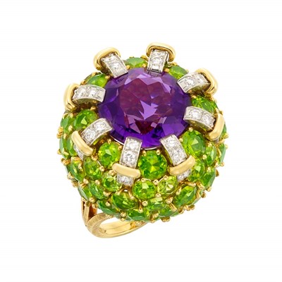 Lot 3195 - Gold, Amethyst, Peridot and Diamond Ring