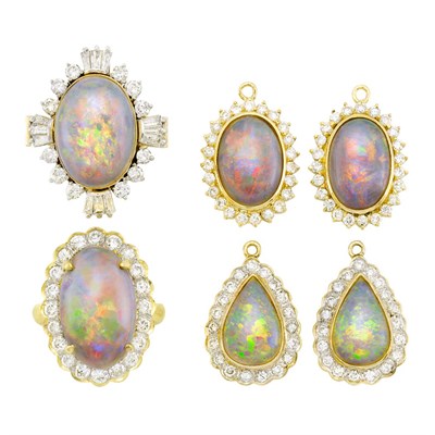 Lot 3174 - Three Gold, Opal and Diamond Pendants and Two Rings