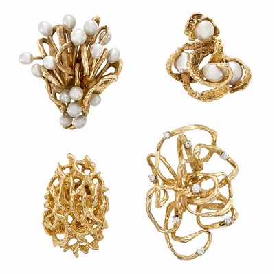 Lot 3305 - Four Gold, Diamond and Cultured Pearl Rings