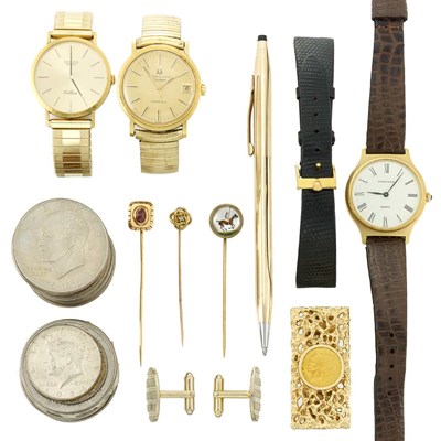Lot 1216 - Group of Metal Wristwatches, Cufflinks, Pins, Gentleman's Items, Coins and Pen
