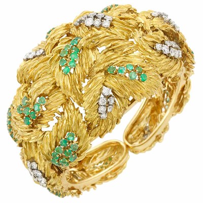 Lot 230 - Gold, Diamond and Emerald Cuff Bangle Bracelet