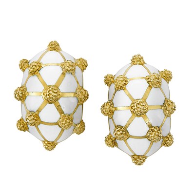 Lot 423 - Pair of Gold and White Enamel Earclips, David Webb