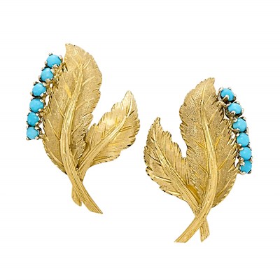 Lot 3029 - Pair of Gold and Turquoise Leaf Earrings