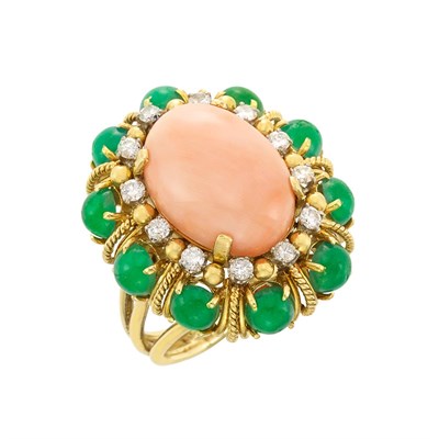 Lot 3166 - Gold, Coral, Cabochon Emerald and Diamond Ring
