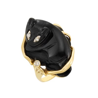 Lot 3348 - Gold, Black Onyx and Diamond Cat Ring