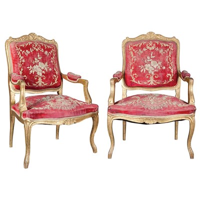 Lot 110 - Pair of Louis XV Style Giltwood Fauteuils Each...