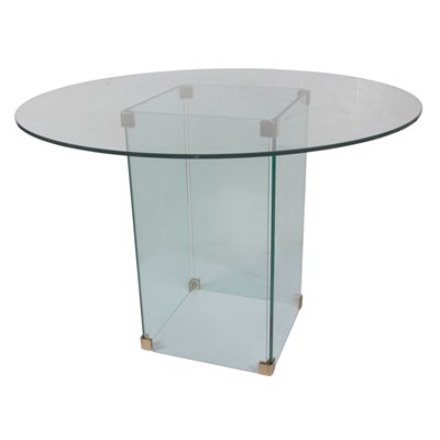 Lot 208 - Glass and Brass Table The circular top on a...