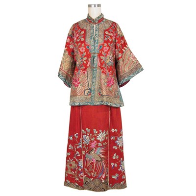 Lot 216 - Mandarin Red Embroidered Jacket and Skirt...