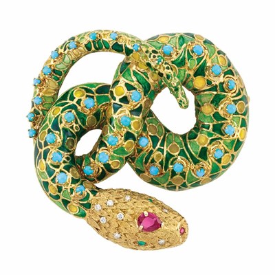 Lot 177 - Gold, Plique-a-Jour Enamel, Turquoise, Ruby and Diamond Snake Brooch