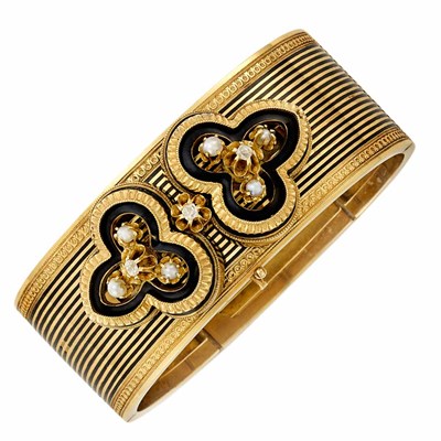 Lot 29 - Antique Gold, Black Enamel, Diamond and Split Pearl Bangle Bracelet, France