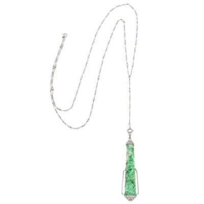 Lot 121 - Platinum, White Gold, Carved Jade and Diamond Lorgnette with Long Platinum and Seed Pearl Chain Necklace
