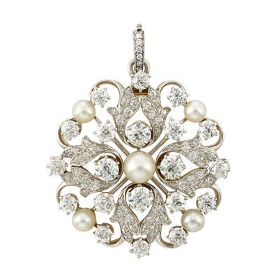 Lot 477 - Antique Platinum, Gold, Diamond and Button Pearl Pendant-Brooch, Tiffany & Co.