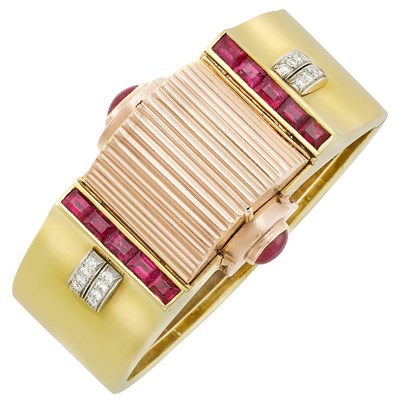 Lot 64 - Two-Color Gold, Ruby and Diamond Bangle-Watch, Trabert & Hoeffer, Mauboussin