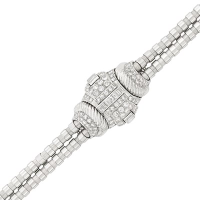 Lot 370 - Platinum and Diamond Bracelet-Watch, Mauboussin, Paris