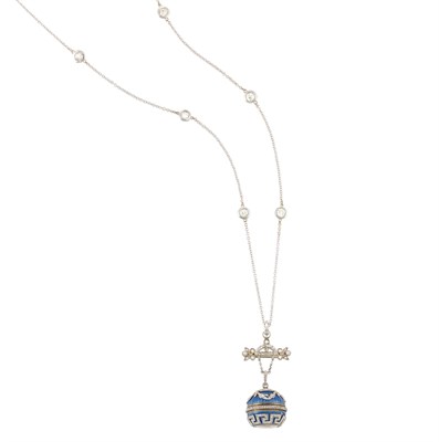 Lot 3055 - Belle Epoque Platinum, Gold, Guilloche Enamel and Diamond Pendant-Watch with White Gold and Diamond Chain Necklace