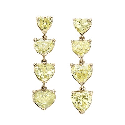 Lot 3081 - Pair of Gold and Fancy Yellow Diamond Pendant-Earrings