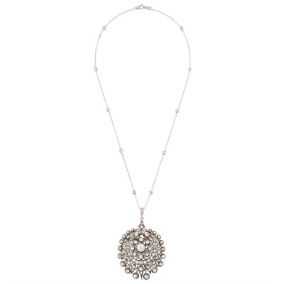 Lot 3048 - Antique Silver, Gold, Natural Pearl and Diamond Pendant-Brooch with White Gold and Diamond Chain Necklace