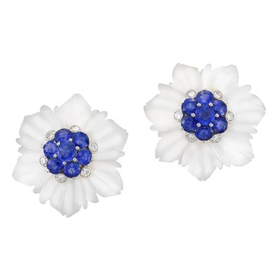 Lot 149 - Pair of Carved Frosted Rock Crystal, Sapphire and Diamond Flower Earclips, Aletto Brothers