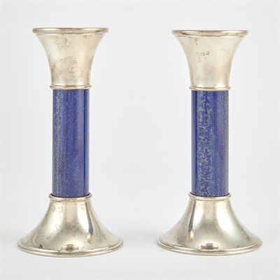 Lot 511 - Pair of Sterling Silver and Lapis Candlesticks...