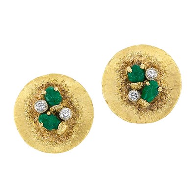 Lot 221 - Pair of Gold, Carved Emerald and Diamond Earrings, Mario Buccellati