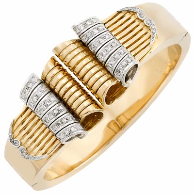 Lot 227 - Two-Color Gold, Platinum and Diamond Bangle Bracelet