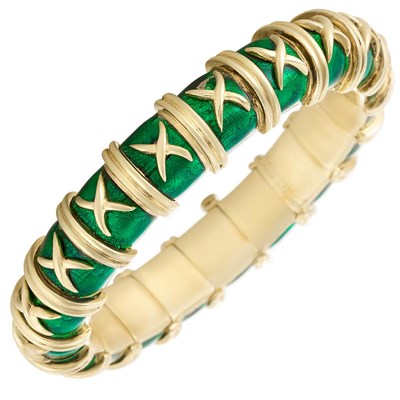 Lot 3413 - Gold and Green Paillonne Enamel Bangle Bracelet, Tiffany & Co., Schlumberger, France