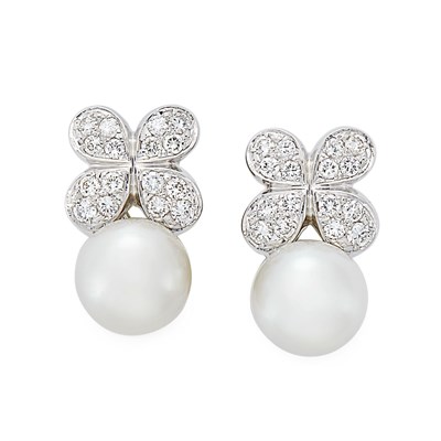 Lot 3159 - Pair of White Gold, Cultured Pearl and Diamond Earclips