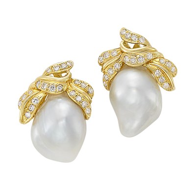Lot 3298 - Pair of Gold, Baroque Cultured Pearl and Diamond Earrings
