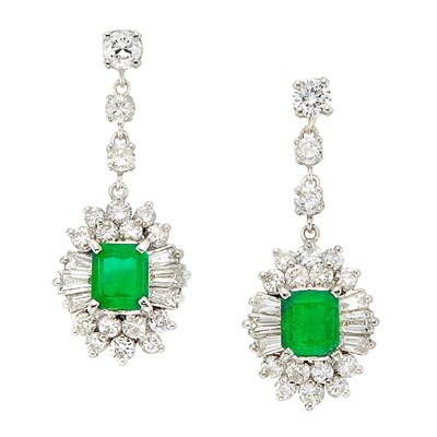 Lot 3370 - Pair of White Gold, Emerald and Diamond Pendant-Earrings