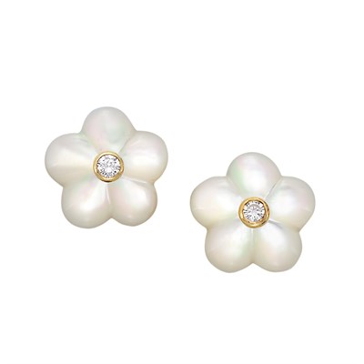 Lot 3219 - Pair of Gold, Mother-of-Pearl and Diamond Flower Earclips, Van Cleef & Arpels, France