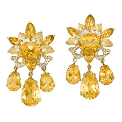 Lot 10 - Pair of Gold, Citrine and Diamond Earclips