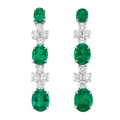 Lot 284 - Pair of White Gold, Emerald and Diamond Pendant-Earrings, Piranesi