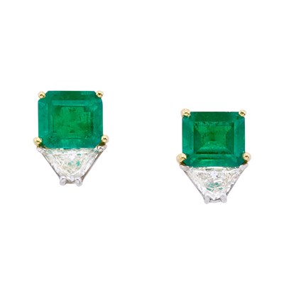Lot 279 - Pair of Gold, Platinum, Emerald and Diamond Earrings
