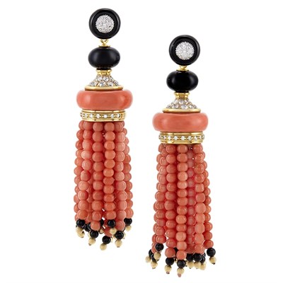 Lot 211 - Pair of Two-Color Gold, Black Onyx and Coral Bead and Diamond Fringe Earrings
