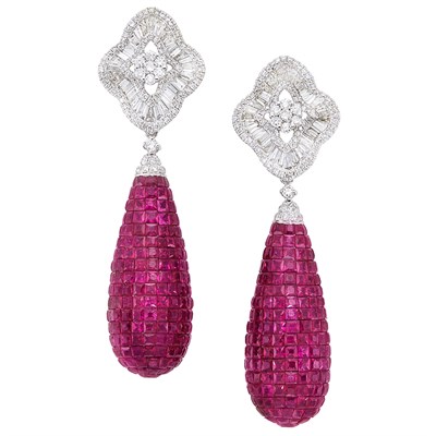 Lot 352 - Pair of White Gold, Invisibly-Set Ruby and Diamond Pendant-Earrings