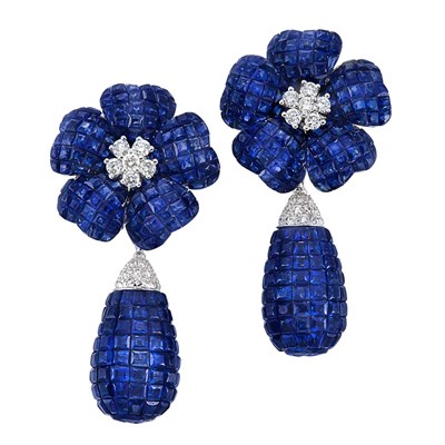 Lot 350 - Pair of White Gold, Invisibly-Set Sapphire and Diamond Pendant-Earrings