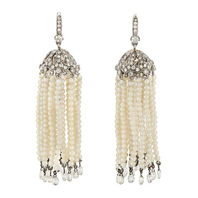 Lot 3047 - Pair of Blackened White Gold, Seed Pearl and Diamond Briolette Tassel Earrings