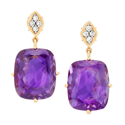Lot 3193 - Pair of Gold, Amethyst and Diamond Pendant-Earrings