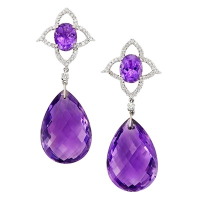 Lot 3252 - Pair of White Gold, Amethyst and Diamond Pendant-Earclips, Piranesi