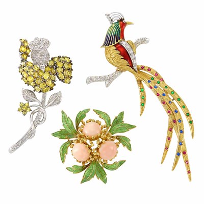 Lot 3303 - Three Gold, Coral, Enamel, Diamond, Simulated Diamond and Gem-Set Brooches