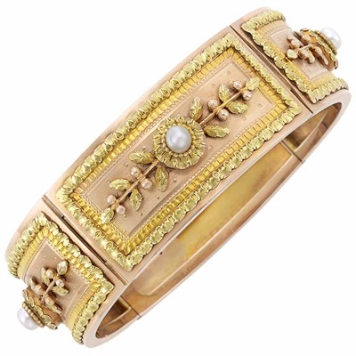Lot 49 - Antique Two-Color Gold and Button Pearl Bangle Bracelet, France
