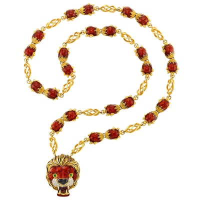 Lot 434 - Gold, Enamel, Diamond and Emerald Lion Head Pendant-Necklace, Frascarolo