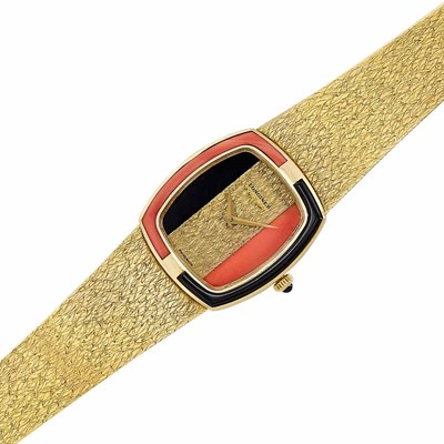 Lot 210 - Lady's Gold, Coral and Black Onyx Wristwatch, Longines, Ref. 9260