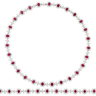 Lot 3435 - White Gold, Ruby and Diamond Necklace and Bracelet