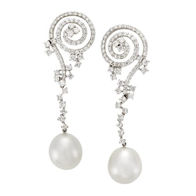 Lot 3230 - Pair of White Gold, Diamond and Cultured Pearl Pendant-Earrings