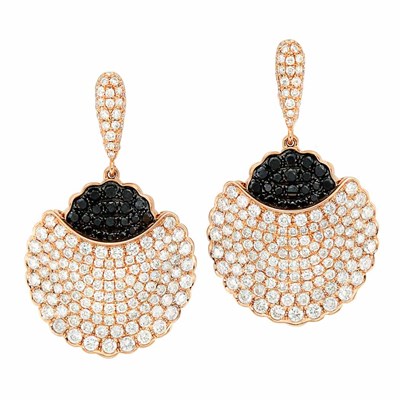 Lot 3377 - Pair of Rose Gold, Diamond and Black Diamond Earrings