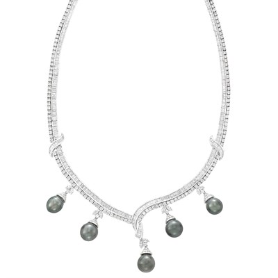 Lot 3429 - White Gold, Gray Cultured Pearl and Diamond Necklace