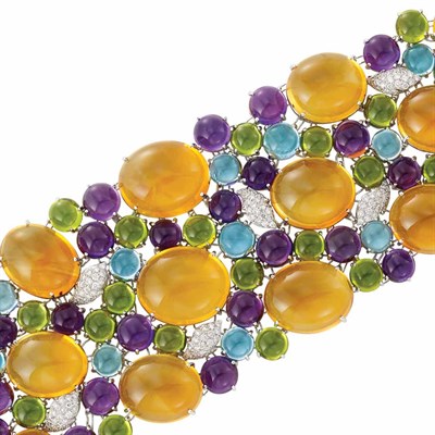 Lot 3149 - Wide White Gold, Diamond and Cabochon Citrine, Peridot, Aquamarine and Amethyst Bracelet