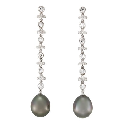 Lot 251 - Pair of White Gold, Diamond and Tahitian Gray Cultured Pearl Pendant- Earrings