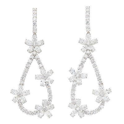 Lot 338 - Pair of White Gold and Diamond Pendant-Earrings